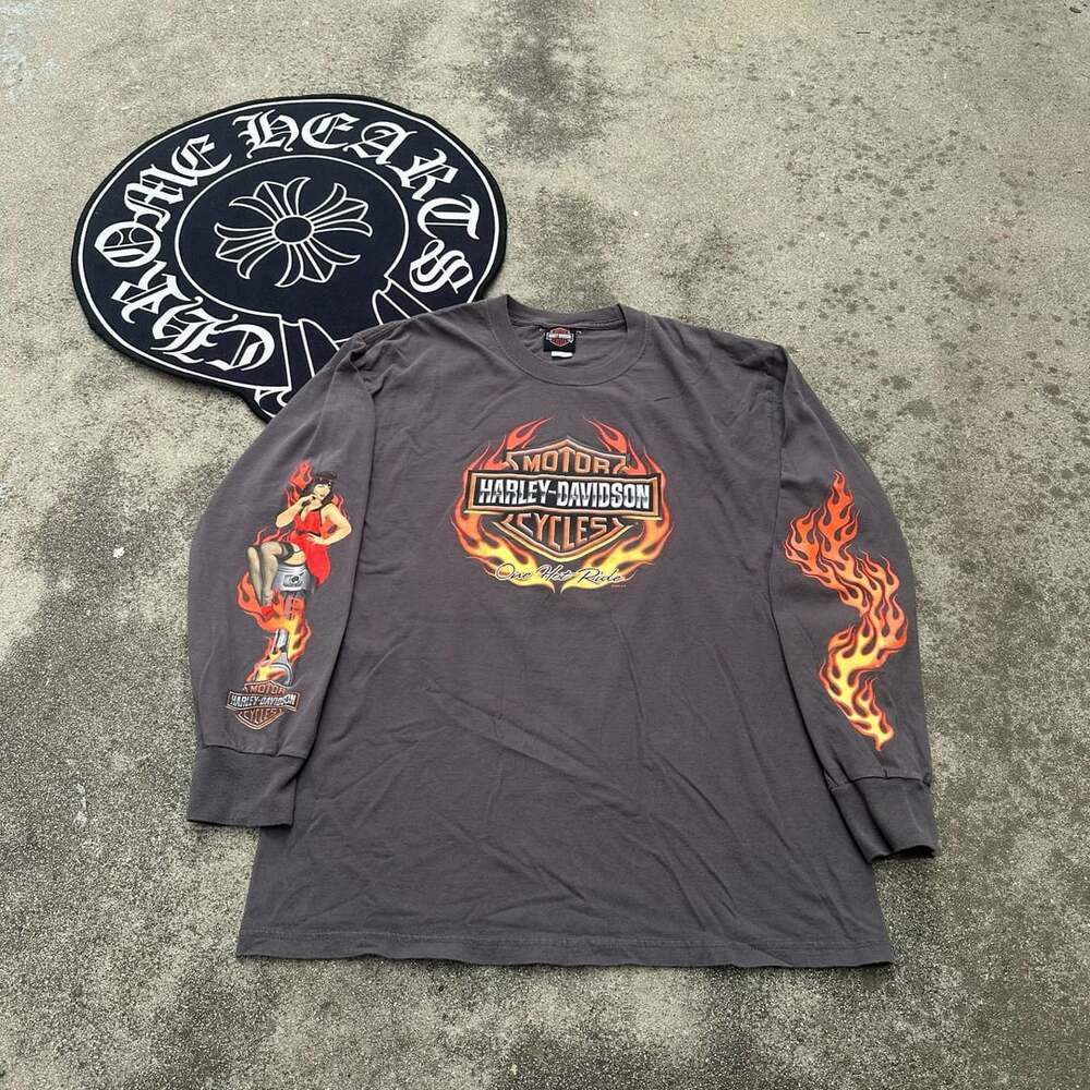 Vintage Flame Girl Harley Davidson Long Sleeve Grey